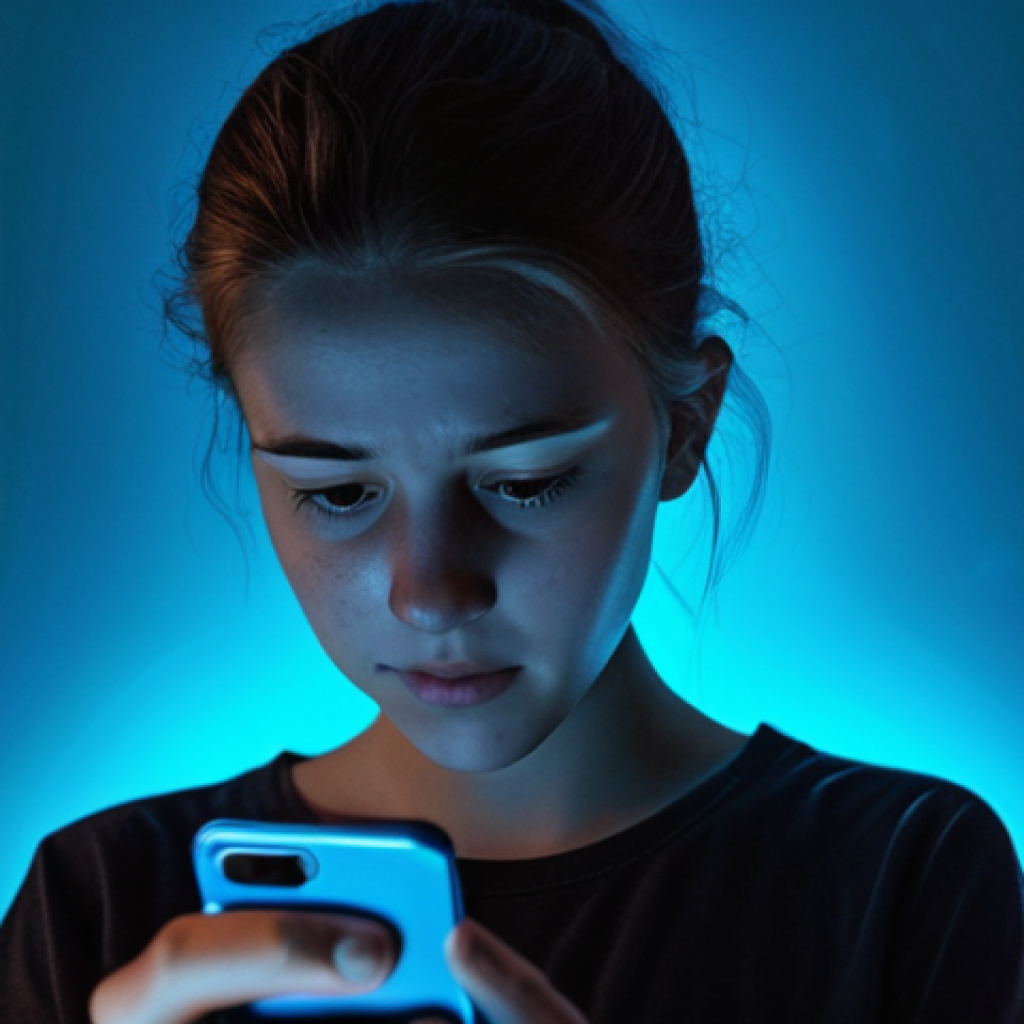 **Prompt:** A young adult intensely scrolling on a smartphone, illuminated by the screen's glow, with blurred surroundings suggesting distraction and a sense of being overwhelmed. The color palette should lean towards cool blues and grays to emphasize feelings of isolation and digital dependence. Subtle visual cues should hint at social media interfaces and notification icons.